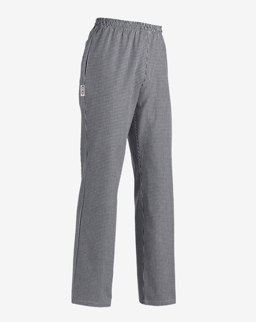 Pantalone unisex a quadretti bianchi e neri in cotone con elastico in vita e coulisse interna.