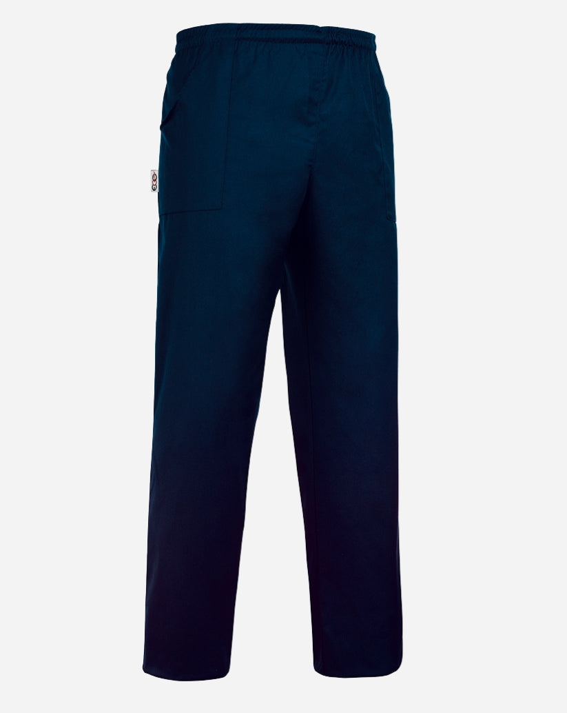 Pantalone unisex  blu  in cotone e poliestere con tre tasche, elastico in vita e cordino interno.