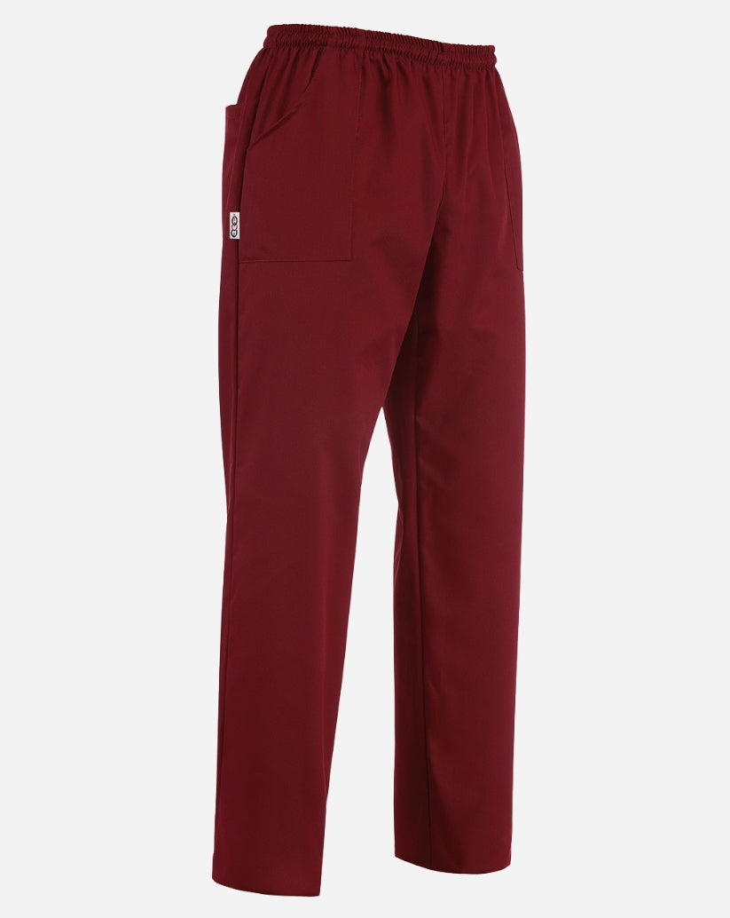 Pantalone unisex  bordeaux  in cotone e poliestere con tre tasche, elastico in vita e cordino interno.