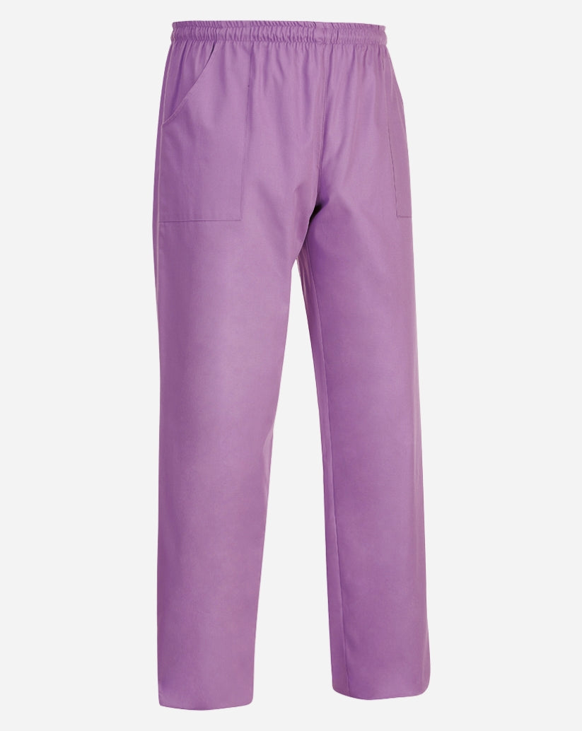 Pantalone unisex  lilla in cotone e poliestere con tre tasche, elastico in vita e cordino interno.