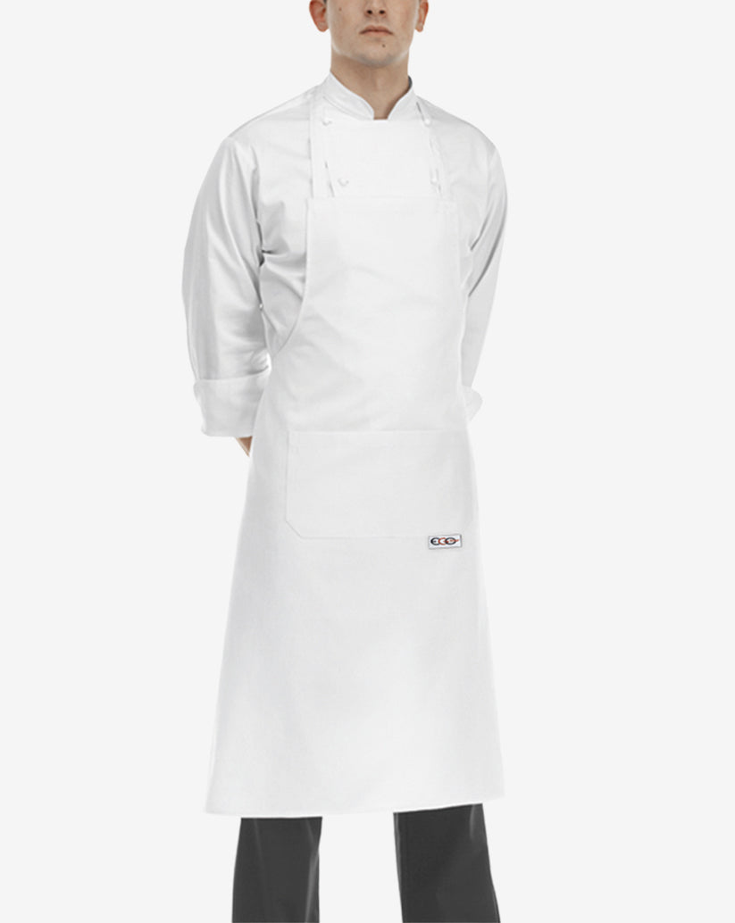 Grembiule con pettorina unisex bianca in misto cotone con laccio al collo, doppia tasca centrale a marsupio e lunghezza al ginocchio.