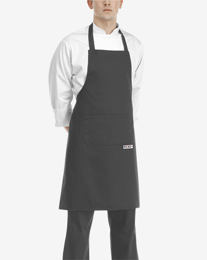 Grembiule con pettorina unisex nero in misto cotone con laccio al collo, doppia tasca centrale a marsupio e lunghezza al ginocchio.