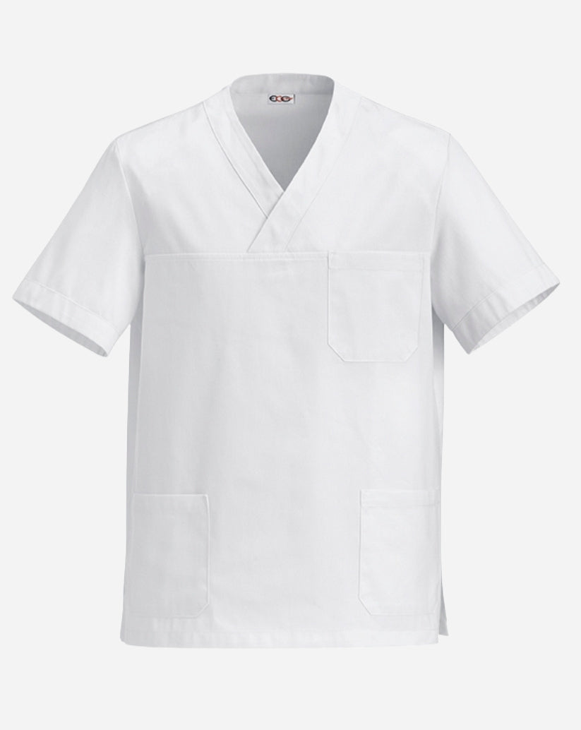 Casacca unisex bianca in cotone con scollo a V, tre tasche anteriori e maniche corte.