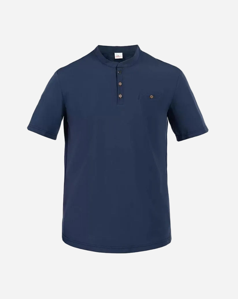 Casacca uomo blu in G-Tech Pro e piquet con collo coreano, apertura serafino con bottoni e taschino sul petto.