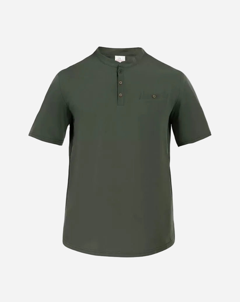 Casacca uomo verde in G-Tech Pro e piquet con collo coreano, apertura serafino con bottoni e taschino sul petto.