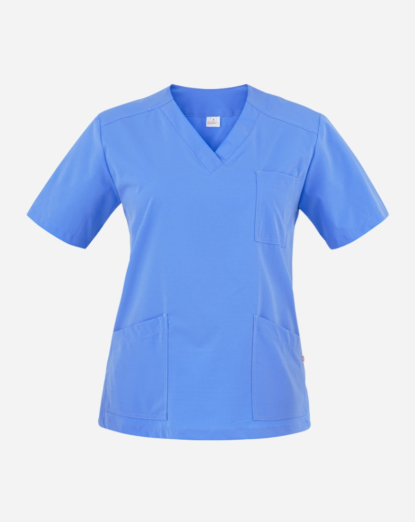 Casacca donna azzurra in poliestere con scollo a V, maniche corte, tre tasche frontali e spacchi laterali.