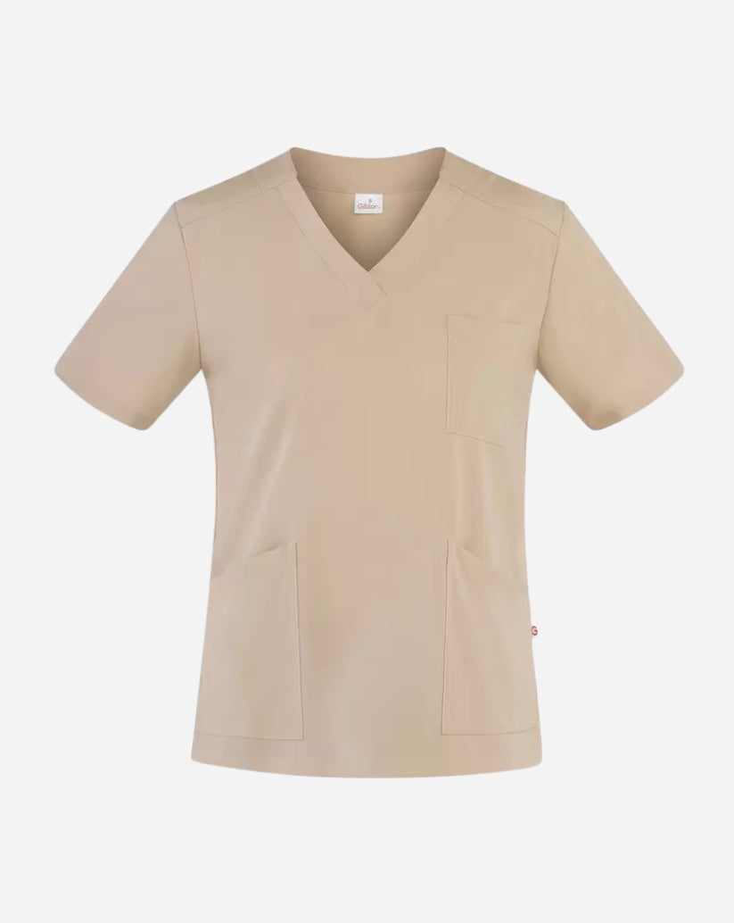 Casacca donna beige in poliestere con scollo a V, maniche corte, tre tasche frontali e spacchi laterali.