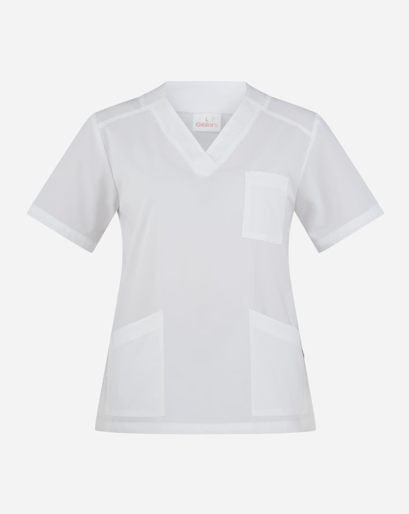 Casacca donna bianca in poliestere con scollo a V, maniche corte, tre tasche frontali e spacchi laterali.