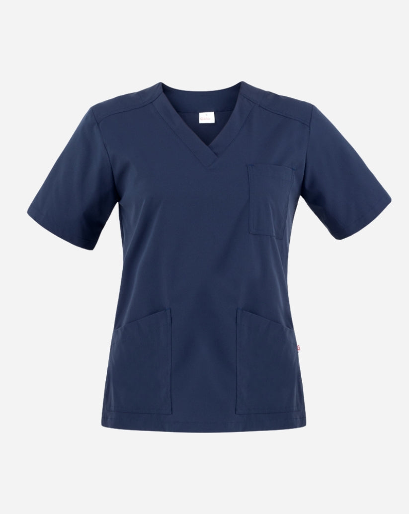 Casacca donna blu in poliestere con scollo a V, maniche corte, tre tasche frontali e spacchi laterali.