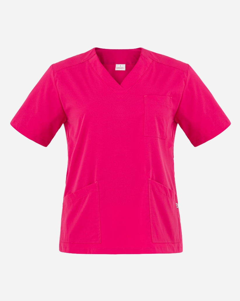 Casacca donna fucsia in poliestere con scollo a V, maniche corte, tre tasche frontali e spacchi laterali.