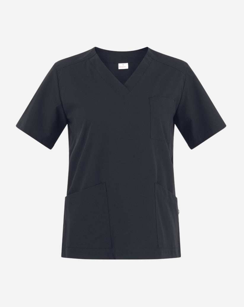 Casacca donna nera in poliestere con scollo a V, maniche corte, tre tasche frontali e spacchi laterali.