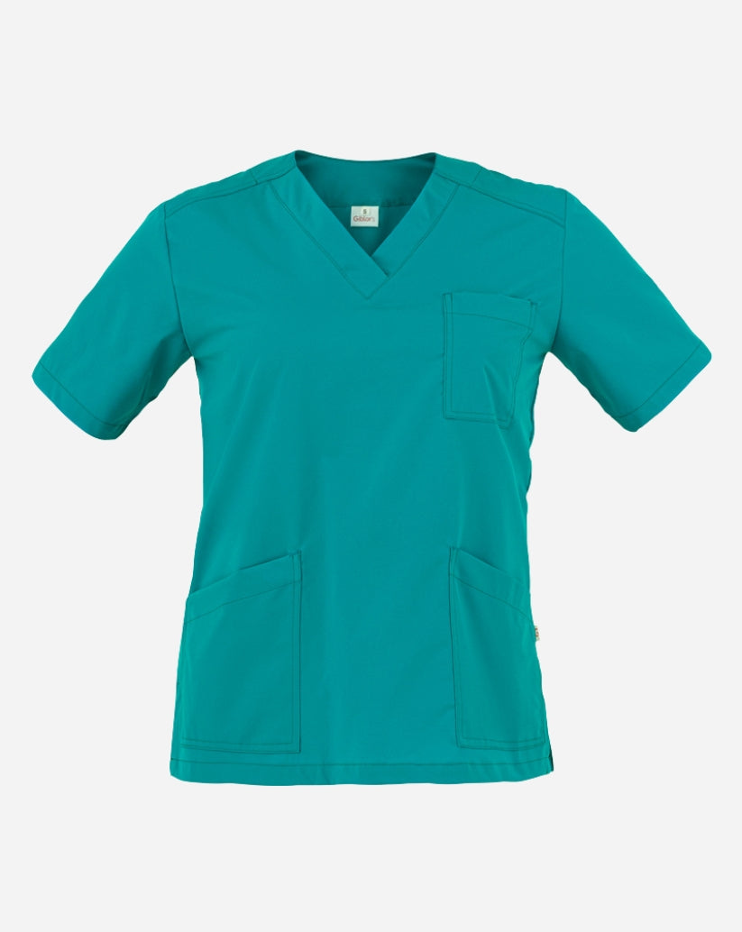 Casacca donna petrolio in poliestere con scollo a V, maniche corte, tre tasche frontali e spacchi laterali.