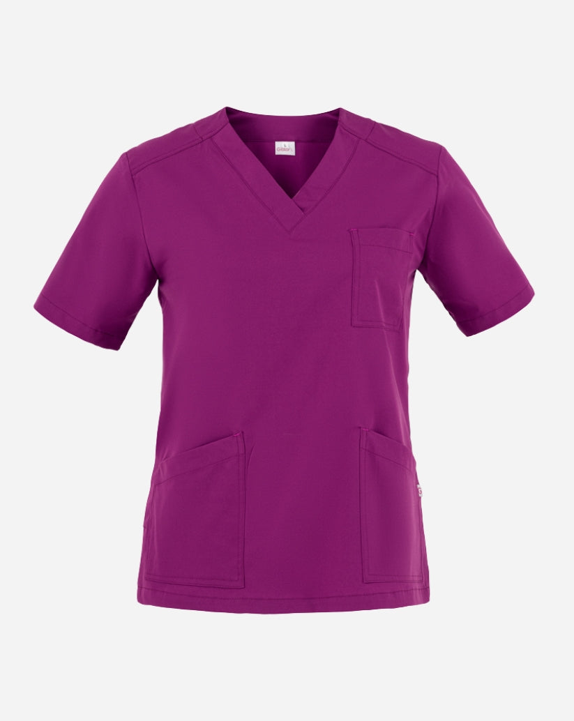 Casacca donna prugna in poliestere con scollo a V, maniche corte, tre tasche frontali e spacchi laterali.