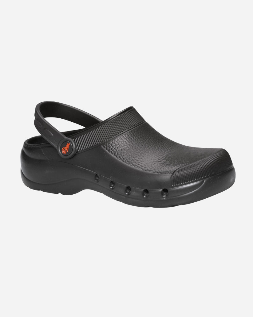 Zoccolo nero in EVA con cinturino posteriore ripiegabile, fori laterali di traspirazione e suola antiscivolo.