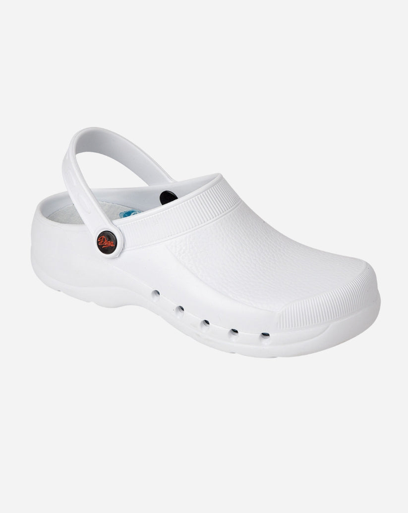 Zoccolo bianco in EVA con cinturino posteriore ripiegabile, fori laterali di traspirazione e suola antiscivolo.