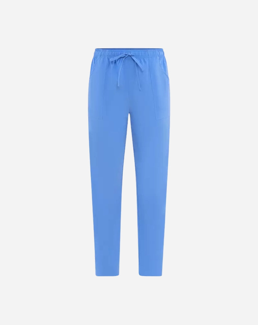 Pantalone unisex azzurro in poliestere con elastico in vita, coulisse, tasche sui fianchi e linea slim fit.