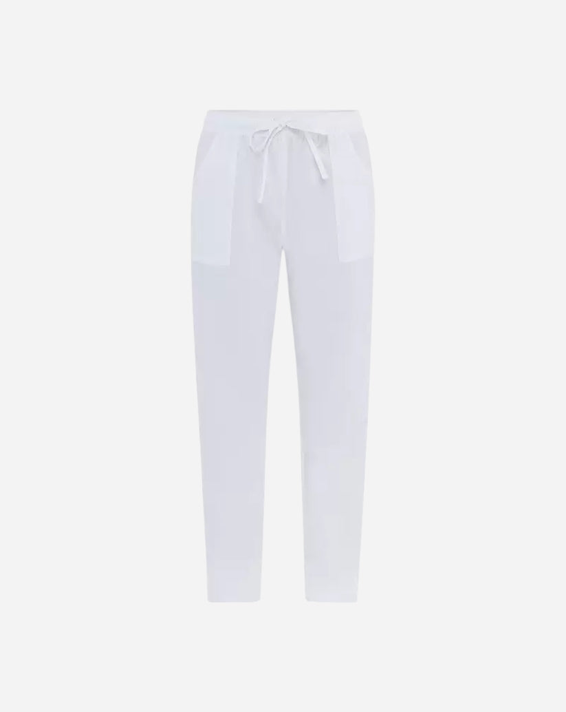 Pantalone unisex bianco in poliestere con elastico in vita, coulisse, tasche sui fianchi e linea slim fit.