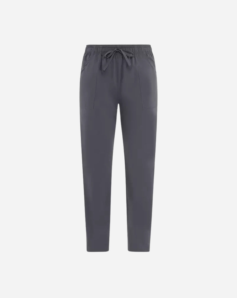 Pantalone unisex grigio in poliestere con elastico in vita, coulisse, tasche sui fianchi e linea slim fit.