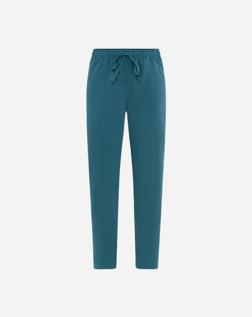 Pantalone unisex ottanio in poliestere con elastico in vita, coulisse, tasche sui fianchi e linea slim fit.