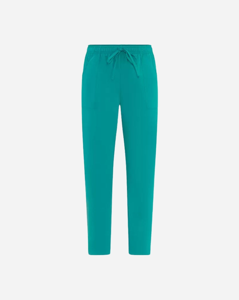 Pantalone unisex petrolio in poliestere con elastico in vita, coulisse, tasche sui fianchi e linea slim fit.