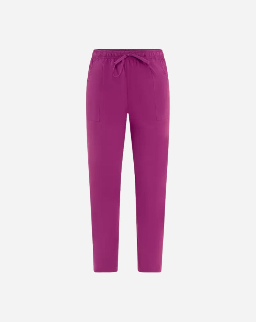 Pantalone unisex prugna in poliestere con elastico in vita, coulisse, tasche sui fianchi e linea slim fit.