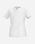 Casacca donna bianca a manica corta in cotone con allacciatura laterale a clip e vestibilità slim fit
