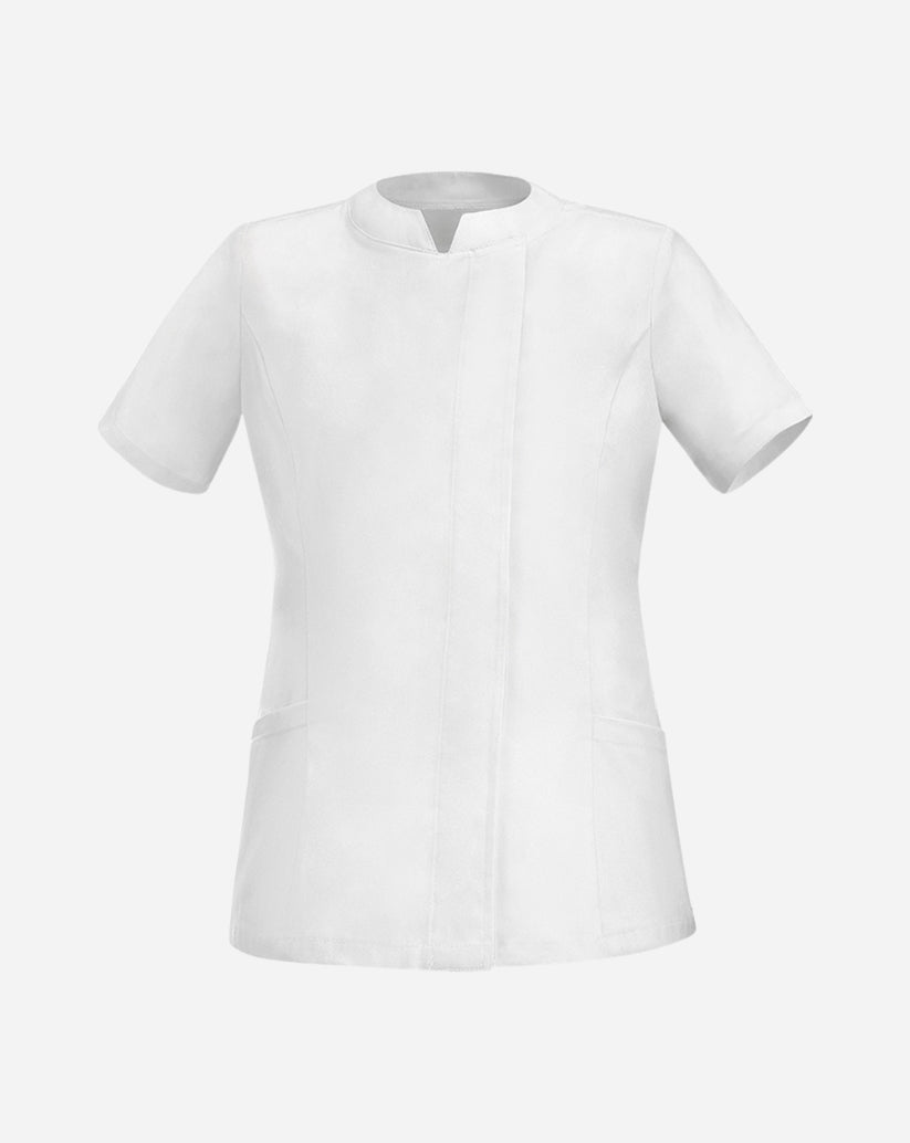 Casacca donna bianca a manica corta in cotone con allacciatura laterale a clip e vestibilità slim fit