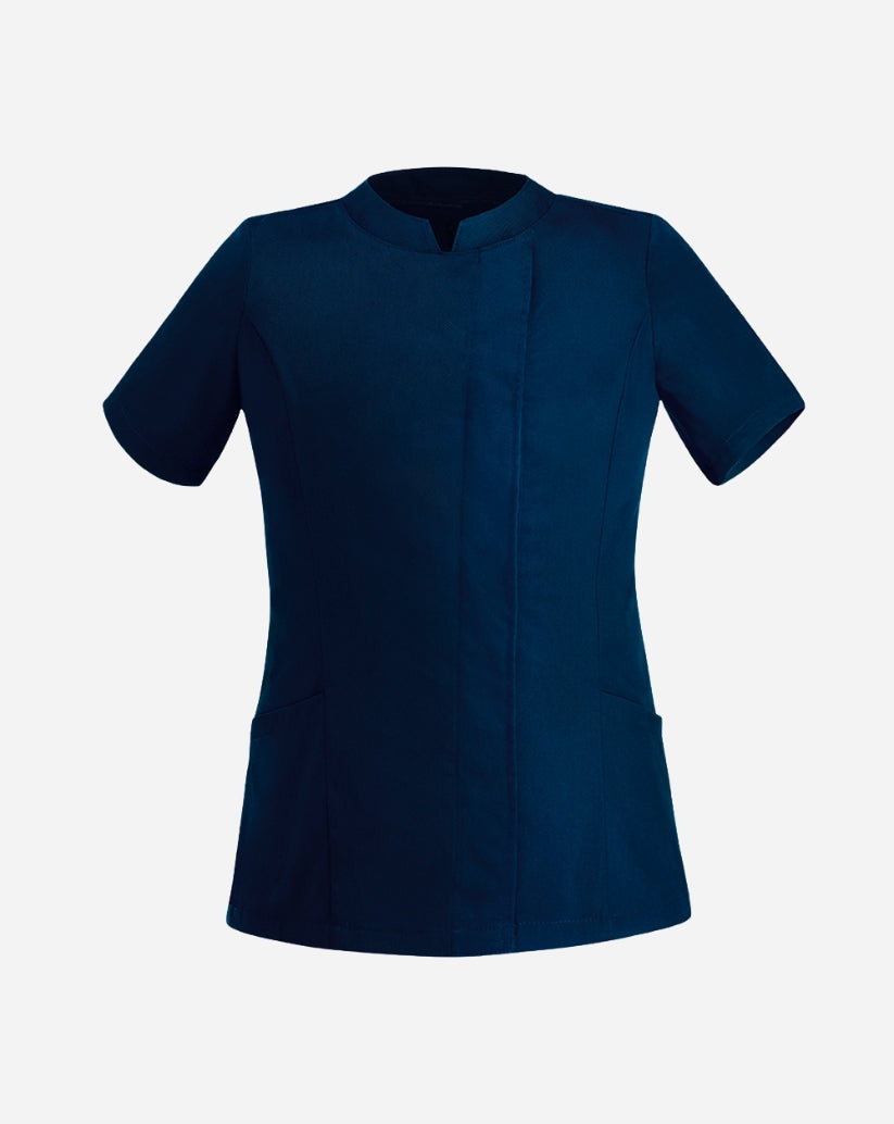 Casacca donna blu a manica corta in poliestere e cotone con allacciatura laterale a clip e vestibilità slim fit