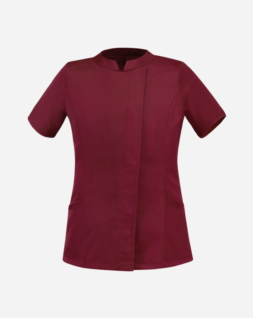 Casacca donna bordeaux a manica corta in poliestere e cotone con allacciatura laterale a clip e vestibilità slim fit
