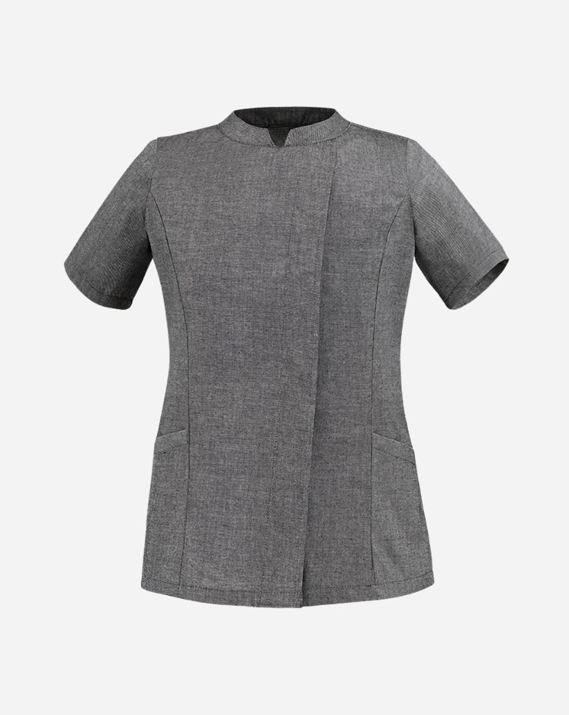 Casacca donna grigio melange a manica corta in poliestere e cotone con allacciatura laterale a clip e vestibilità slim fit