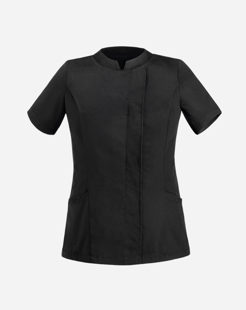 Casacca donna nera a manica corta in poliestere e cotone con allacciatura laterale a clip e vestibilità slim fit