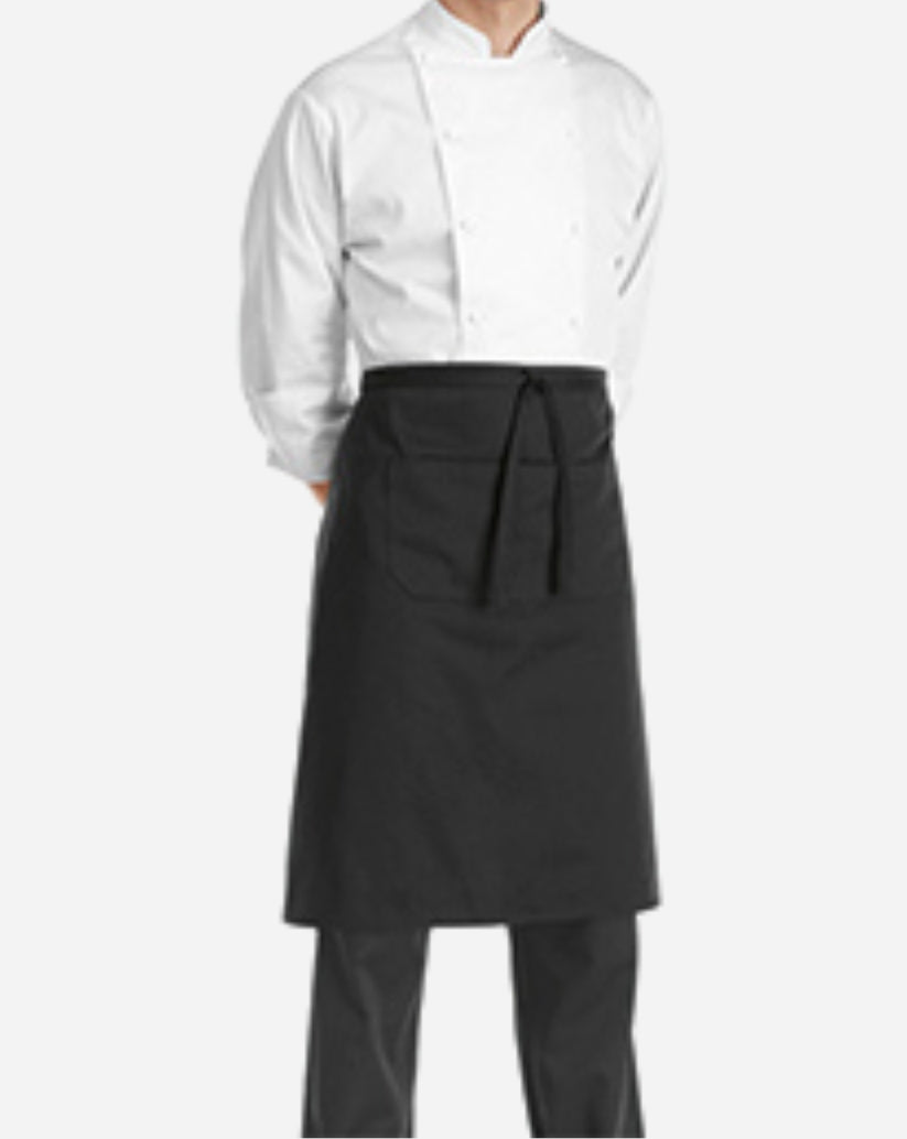 Grembiule a vita nero unisex con due ampie tasche centrali, lunghezza al ginocchio e lacci regolabili