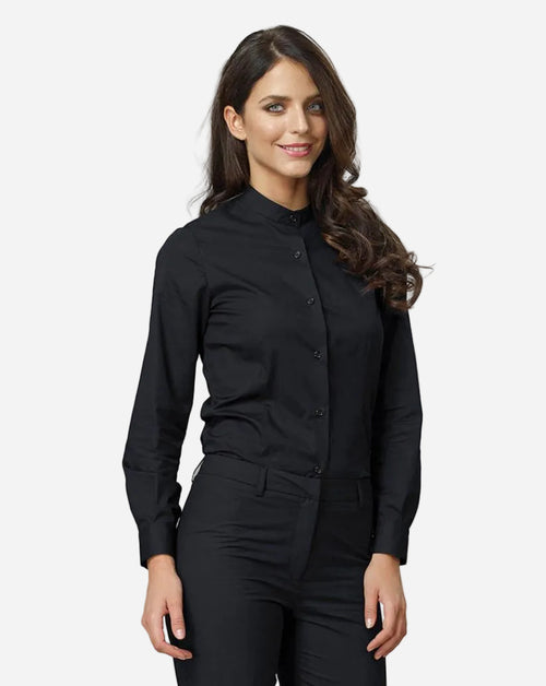 Camicia donna nera con collo alla coreana in tessuto elasticizzato, massimo comfort , pinces davanti e dietro taglio slim fit