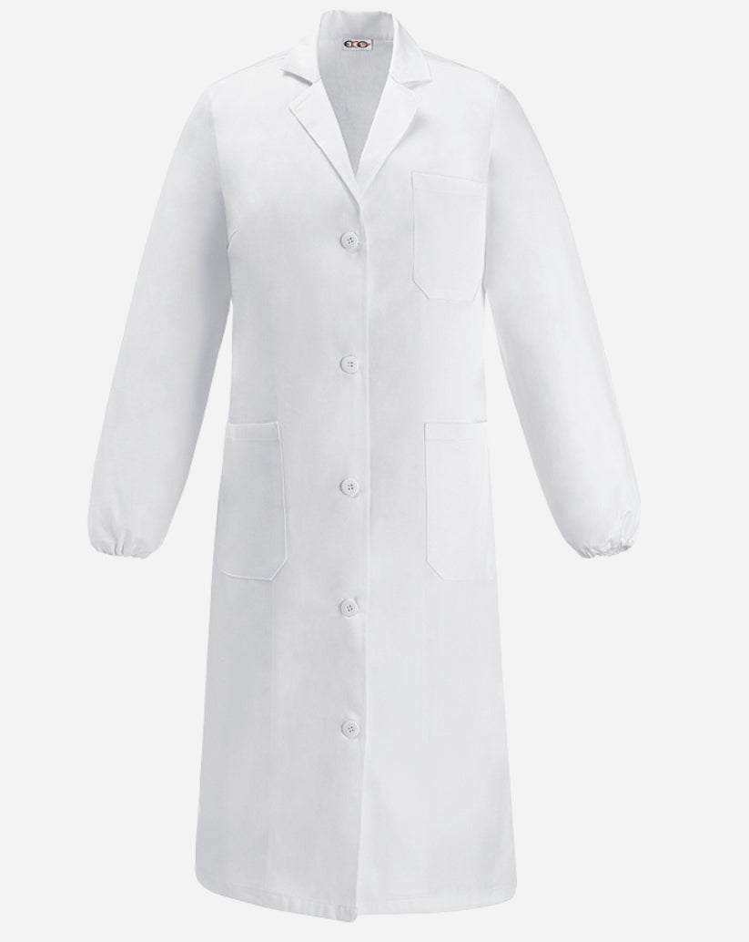 Camice donna bianco in cotone con chiusura a bottoni, tre tasche applicate ed elastico ai polsi.