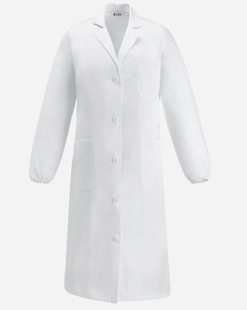 Camice donna bianco in cotone con chiusura a bottoni, tre tasche applicate ed elastico ai polsi.