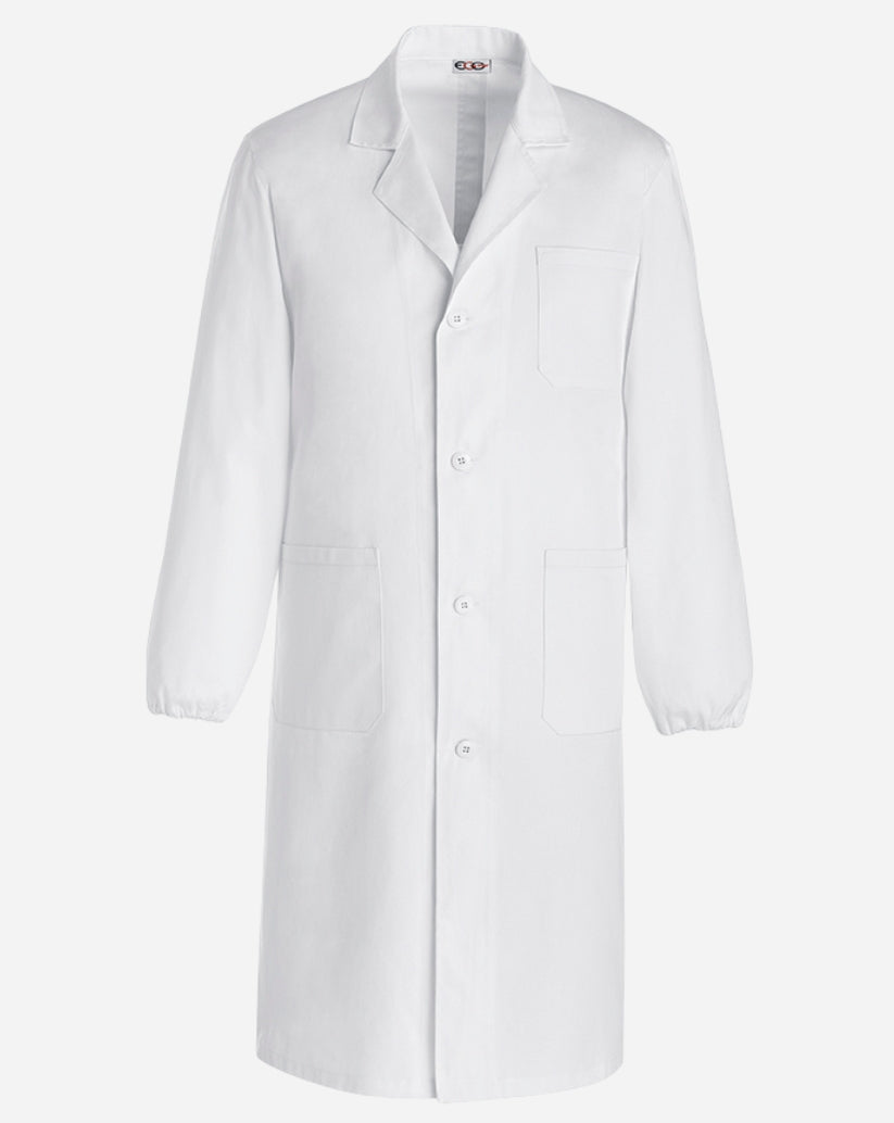 Camice uomo bianco in cotone con chiusura a bottoni, tre tasche applicate ed elastico ai polsi.