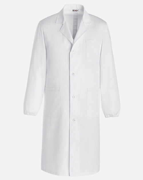 Camice uomo bianco in cotone con chiusura a bottoni, tre tasche applicate ed elastico ai polsi.