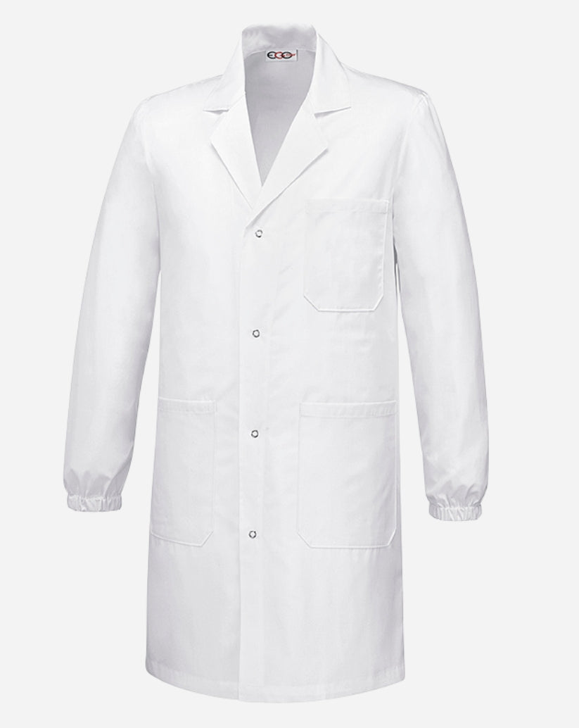 Camice unisex bianco ignifugo anti-acido con bottoni a pressione, tre tasche, polsini elastici e collo a revers.