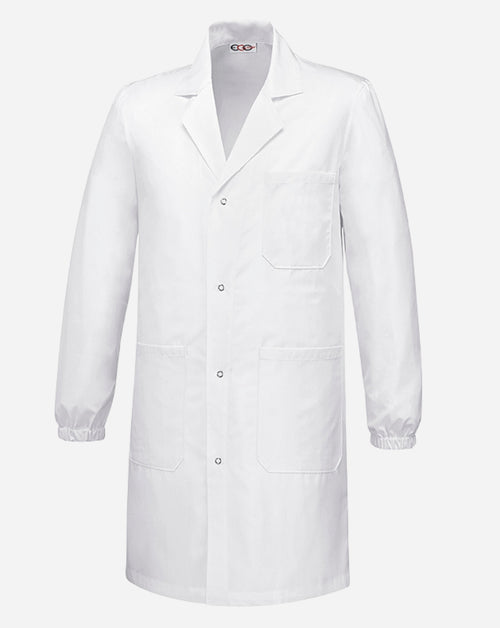Camice unisex bianco ignifugo anti-acido con bottoni a pressione, tre tasche, polsini elastici e collo a revers.
