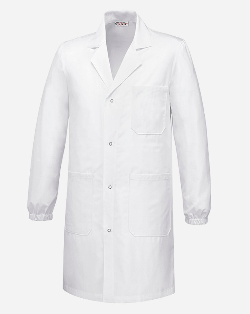 Camice unisex bianco ignifugo anti-acido con bottoni a pressione, tre tasche, polsini elastici e collo a revers.