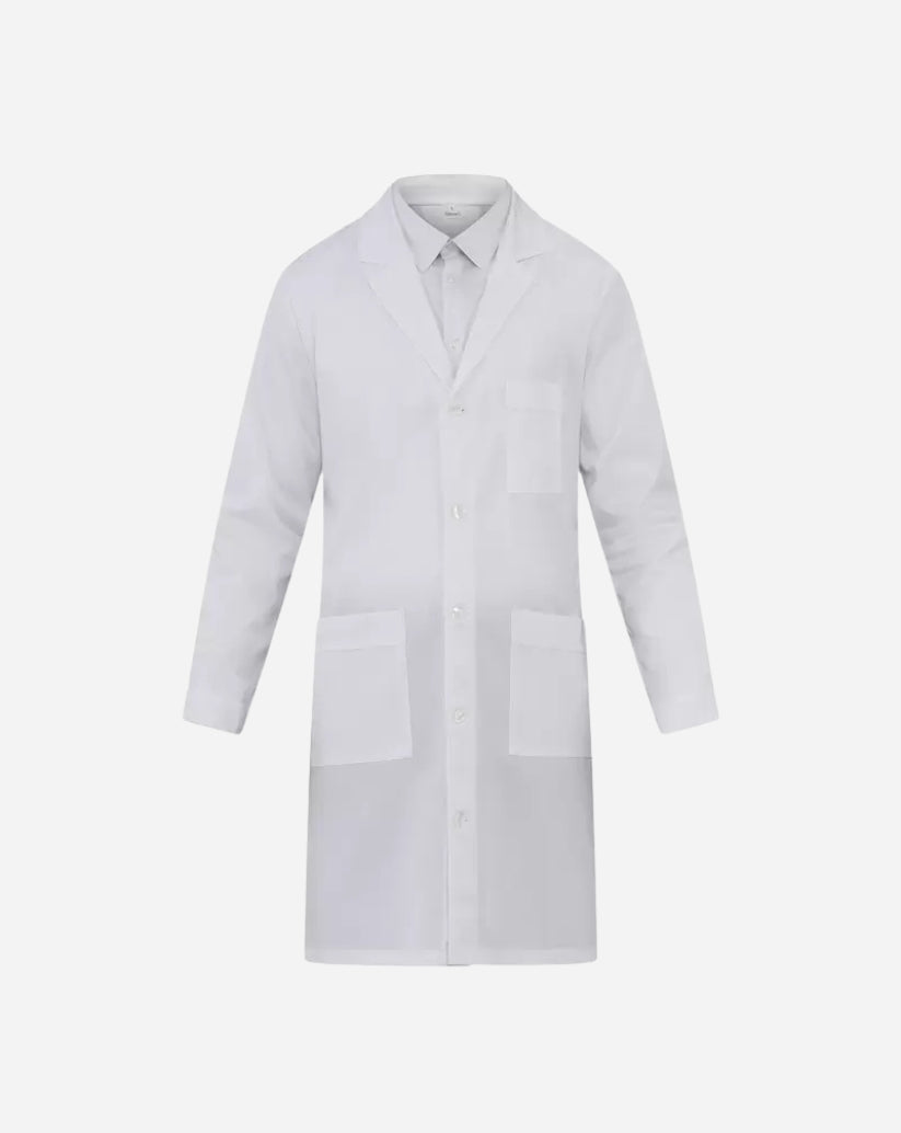 Camice uomo bianco in Tencel™ elasticizzato con collo classico a revers, bottoni centrali e tre tasche frontali.