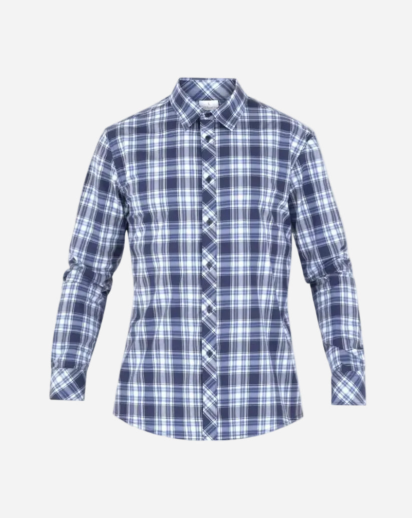 Camicia uomo con colletto classico in cotone elasticizzato con fantasia scozzese blu 
