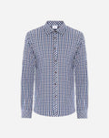 Camicia uomo con colletto classico in cotone elasticizzato con fantasia quadretto blu e marrone