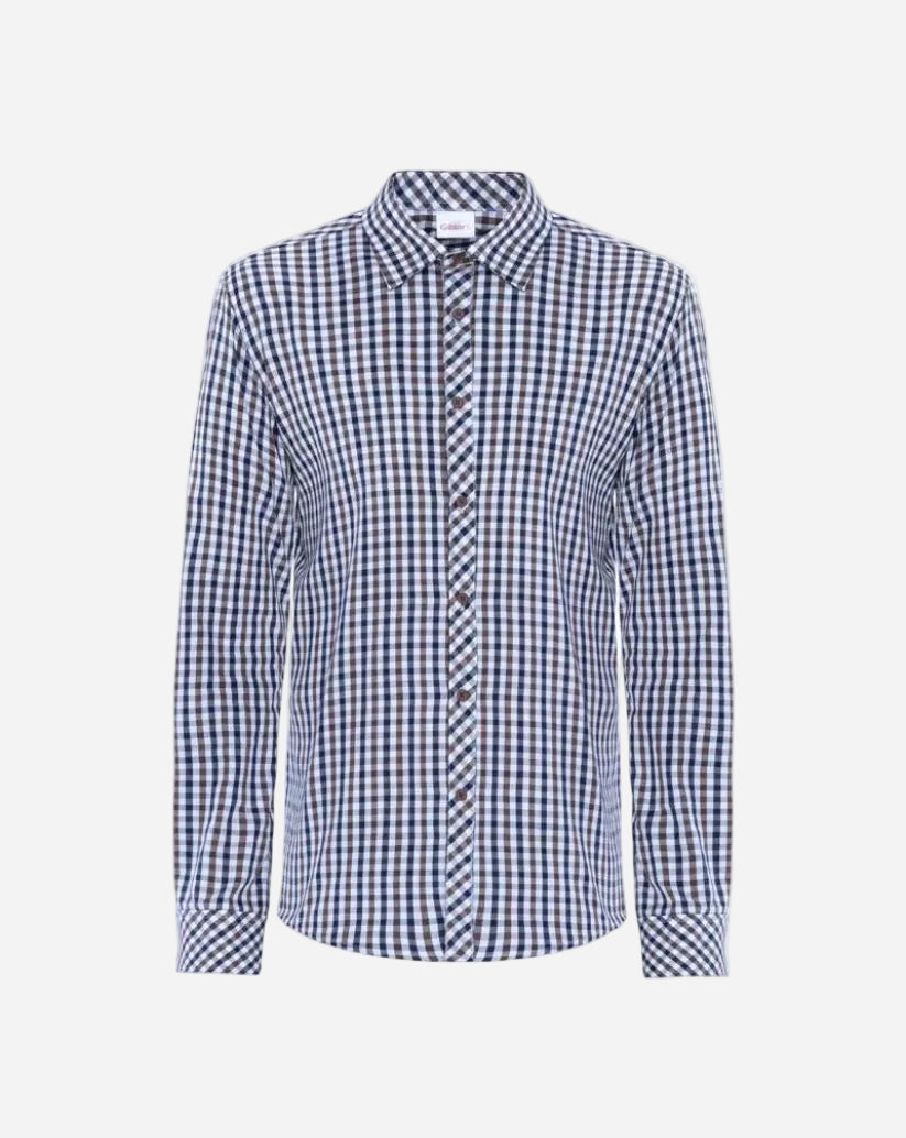Camicia uomo con colletto classico in cotone elasticizzato con fantasia quadretto blu e marrone