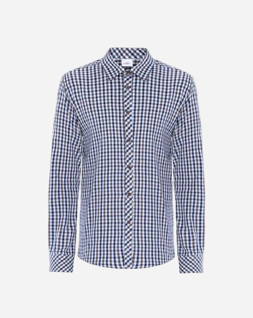 Camicia uomo con colletto classico in cotone elasticizzato con fantasia quadretto blu e marrone