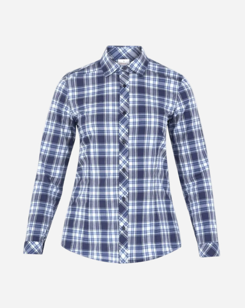 Camicia donna con colletto classico in cotone elasticizzato in fantasia scozzese blu
