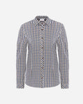 Camicia donna con colletto classico in cotone elasticizzato in fantasia quadretto blu e marrone