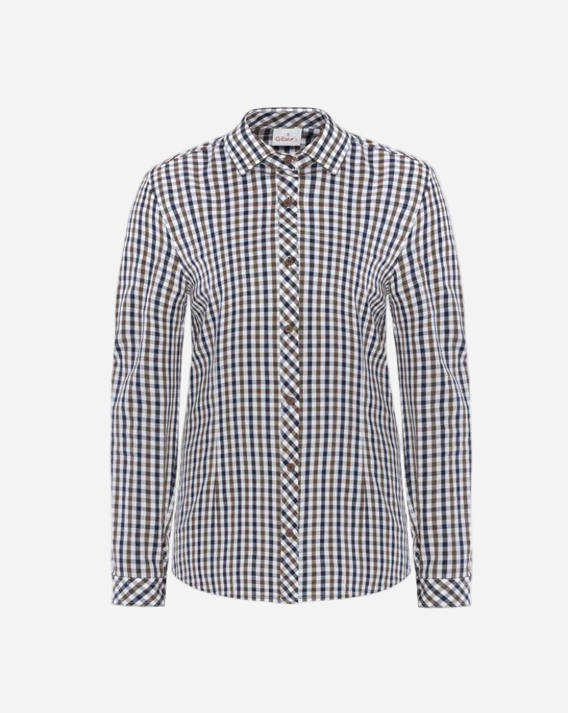 Camicia donna con colletto classico in cotone elasticizzato in fantasia quadretto blu e marrone