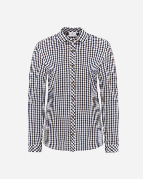Camicia donna con colletto classico in cotone elasticizzato in fantasia quadretto blu e marrone