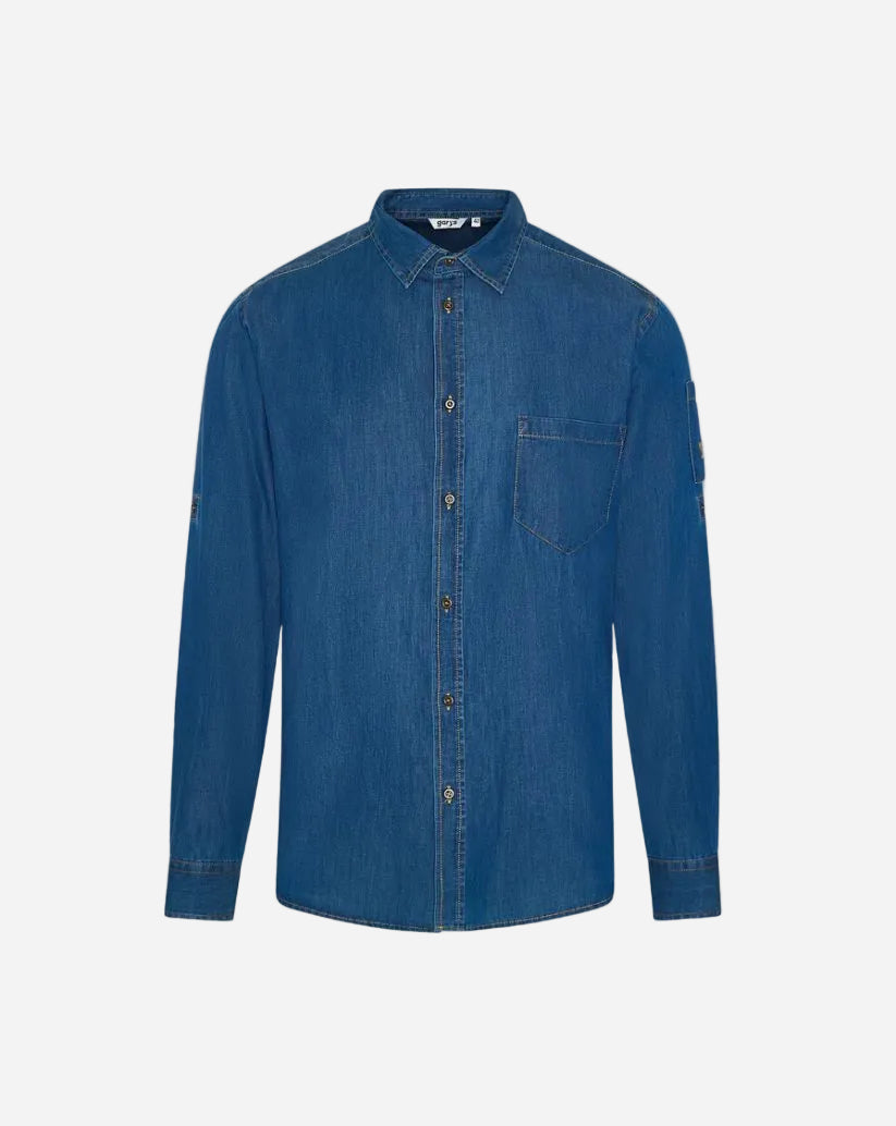 Camicia uomo in denim con manica risvoltabile allacciatura centrale con bottoni